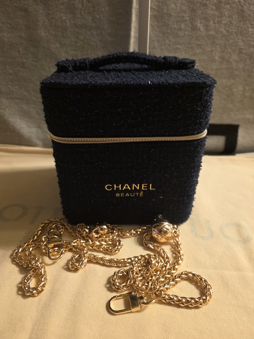 CHANEL Navy Tweed Vanity Case with Gold Chain Accent